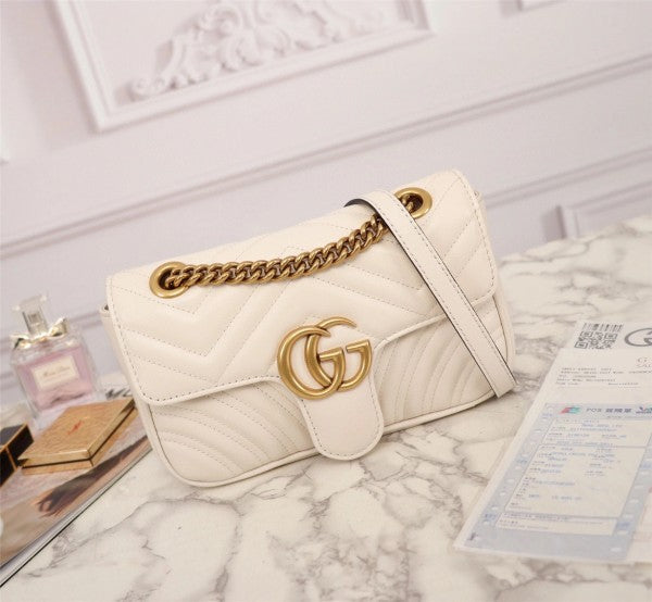 Gucc_i Sage White Matelasse Leather Small GG Marmont Flap Bag