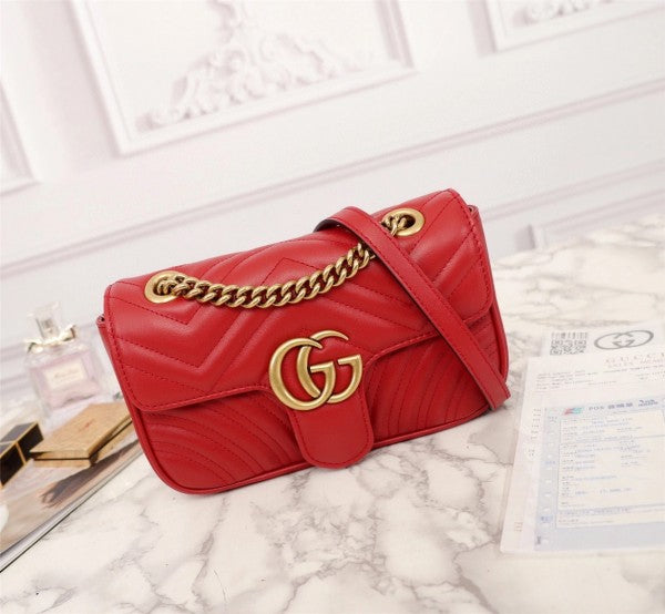 Gucc_i Sage Red Matelasse Leather Small GG Marmont Flap Bag