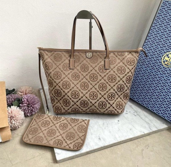 Tor_y Burc_h T Monogram Tote With OG Box & Dust Bag & Extra Pouch (Brown)