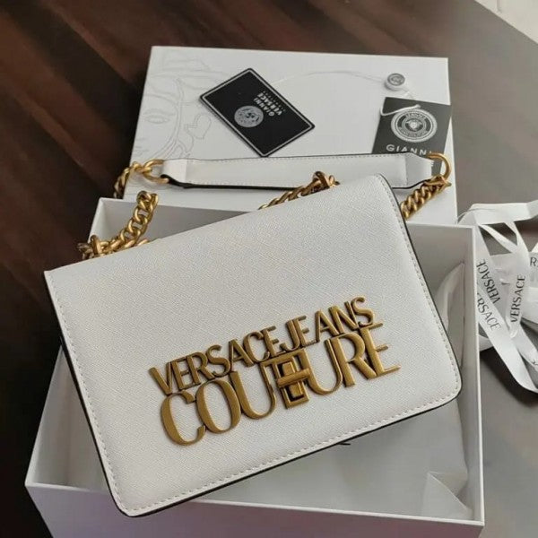 Versac_e Jeans Couture Saffiano Lock Crossbody Bag With OG Gift Box & Dust Bag White