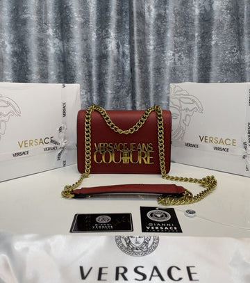 Versac_e Jeans Couture Saffiano Lock Crossbody Bag With OG Gift Box & Dust Bag Wine