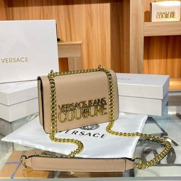 Versac_e Jeans Couture Saffiano Lock Crossbody Bag With OG Gift Box & Dust Bag Apricot