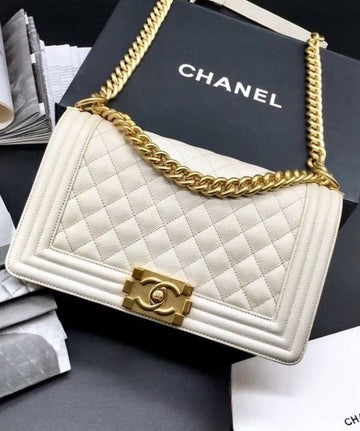 Chane_l Le Boy Handbag With OG Box & Dust Bag White GOLD