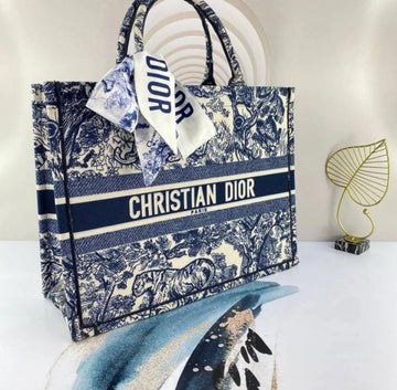 Dio_r Book Tote Blue Toile De Jouy With OG Box & Dust Bag & Scarf